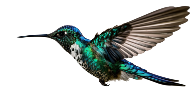 A colorful hummingbird flying flapping its wings isolated on transparent background. PNG