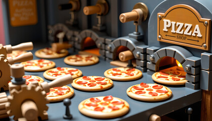 Miniature Pizza production in a playful shop setting creative bakery indoor environment engaging visuals