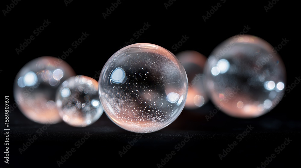 Poster crystal bubbles reflecting light create a captivating visual display on a dark background