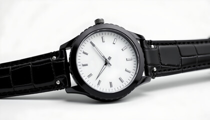 Elegant black watch displayed on white surface product photography minimalist style close-up perspective
