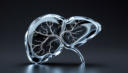 Intricate glass model of human liver anatomy studio setting 3d art dark background artistic perspective medical concept
