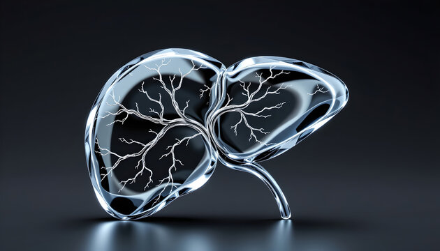 Intricate glass model of human liver anatomy studio setting 3d art dark background artistic perspective medical concept