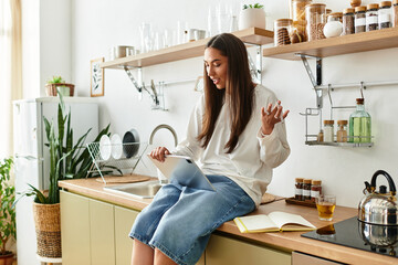 Young woman enjoying a cozy moment at home while engaged with her tablet in the kitchen
