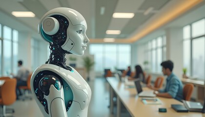 Humanoid Robot Woman with Futuristic Design in Modern Office Environment