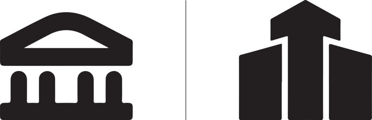 Two building icons one representing a classic bank and the other a modern office building isolated on white background