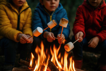 Children roasting marshmallows over a campfire image