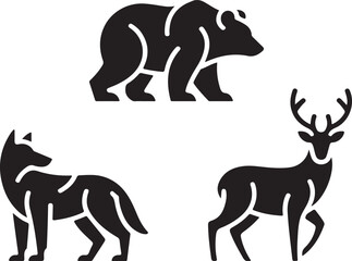 Stylized black silhouettes of bear wolf and deer isolated on white background