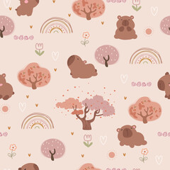Seamless pattern with capybaras, rainbows, trees and flowers, vector illustration with animals on pink background.	
