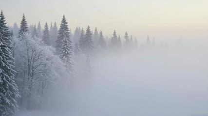 Snow covered trees and pine forest winter with thick fog and mist, tranquil morning atmosphere, frosty landscape, serene and peaceful frost, soft light illuminating snow, natural winter forest scene - Powered by Adobe
