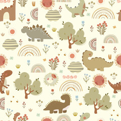 Seamless pattern with cute dino, plants, rainbows, sun, flowers and bees. Vector illustration with hand drawn animals and plants