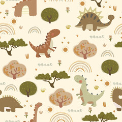 Hand drawn dino, trees, and  rainbows. Vector illustration with animals and cartoon nature, seamless pattern.