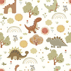 Hand drawn dino world, plants and flowers, bushes, rainbows and sun, cute animals. Vector illustration with dino and cartoon nature, seamless pattern.