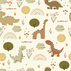 Dino pattern with flowers, rainbows and clouds. Vector illustration with animals and plants.