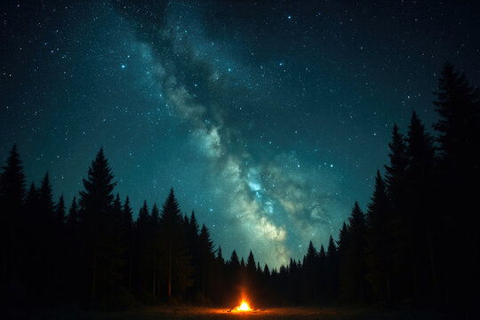 Forest clearing with campfire under the Milky Way night stars