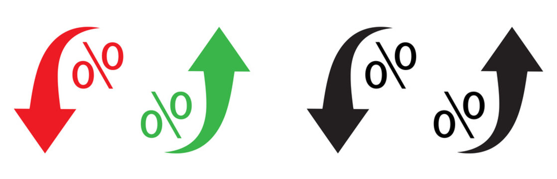 Percent arrow icon. Growth, increase, decrease arrow filled icons. Up arrows, down arrows. 