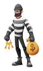 Thief in mask and striped clothes holding keys and a bag of money. Vector cartoon character illustration