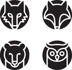 Set of four stylized animal head icons including fox bear and owl isolated on white background