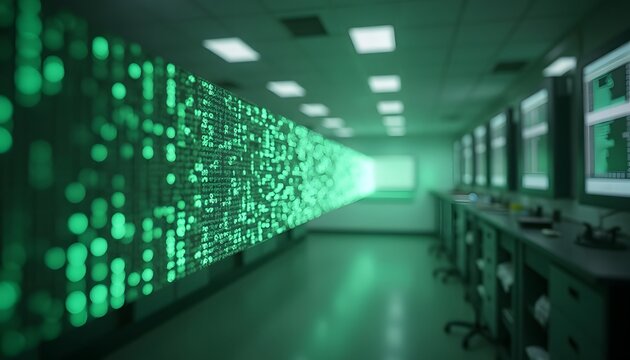 Data Center with Green Digital Binary Code and Computer Monitors