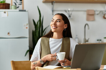 Young beautiful woman enjoying a cozy moment sipping coffee at home in a bright kitchen