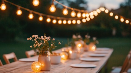 An enchanting garden party scene with a long dining table set up in the backyard adorned with decorative string lights overhead and colorful flower arrangements on the table