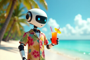 Robot On Vacation With Cocktail on beach background. AI