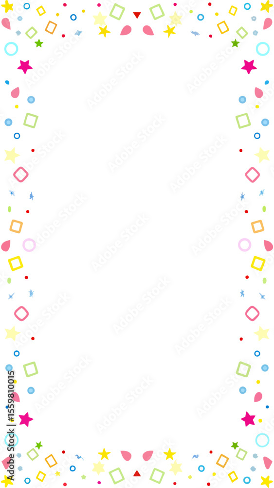 Poster a festive border design featuring scattered colorful stars circles squares and teardrop shapes on a 