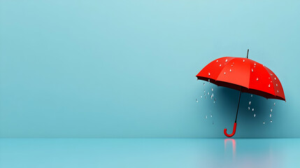 Raindrops on a blue background on a red umbrella represent protection and weather forecasting.