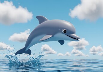 Obraz premium Playful Dolphin Leaping Through Ocean Waves Under a Sunny Sky: A Delightful 3D Render