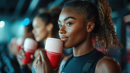 Portrait of a determined and focused young female athlete drinking a collagen protein shake in a modern and well equipped gym setting