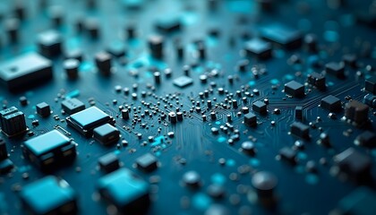 Close-up of Blue Printed Circuit Board with Microchips and Electronic Components