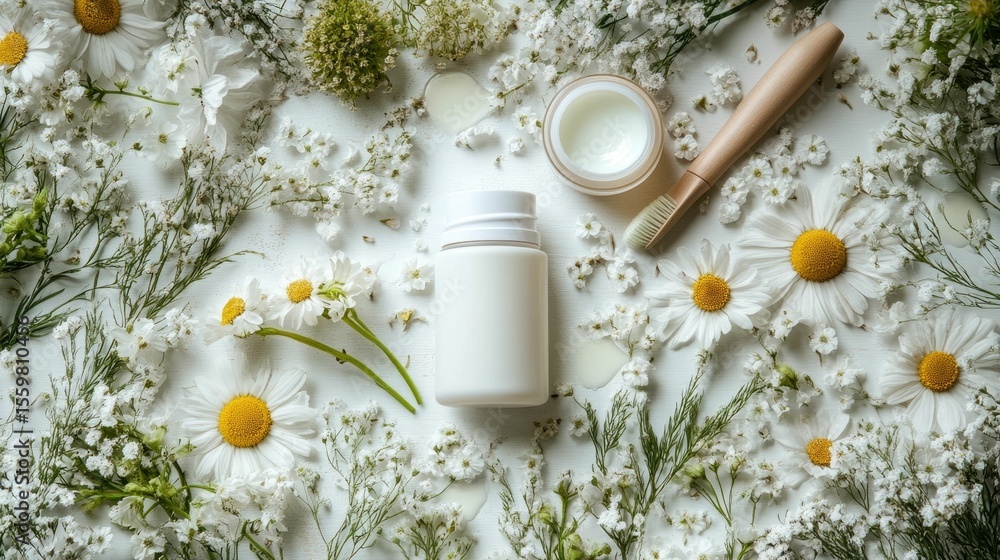 Poster flat lay composition of a collagen based skincare routine featuring botanical ingredients and elemen