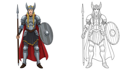 Obraz premium Valkyrie Norse Warrior Woman Coloring Page Mythical Figure in Colored Outline Art