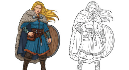Obraz premium Viking Shieldmaiden Coloring Page Authentic Norse Warrior in Color and Outline Art