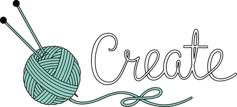 Mint green yarn ball with knitting needles and elegant lettering craft hobby