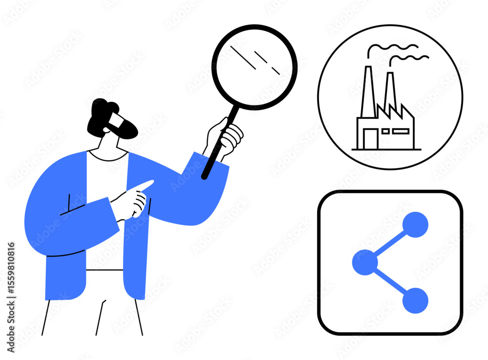 Poster individual with magnifying glass pointing at a factory and a connection icon. ideal for analysis, en