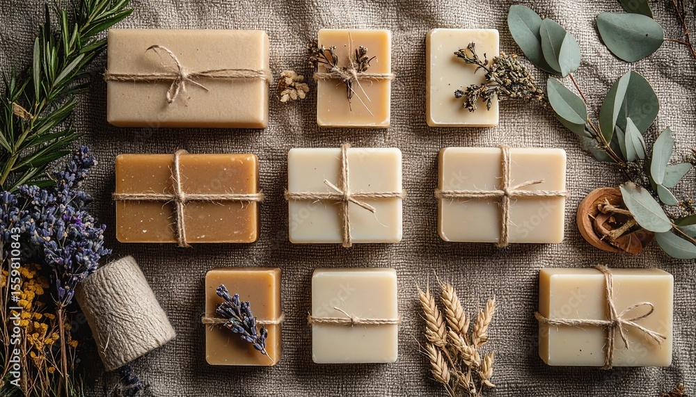 Poster serene flat lay of natural soaps with colorful flowers on soft canvas background