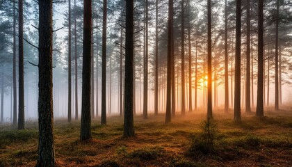 Fototapeta premium foggy coniferous forest morning. mystical atmosphere background.