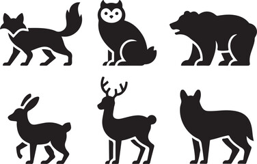 Obraz premium Collection of six black animal silhouettes on a white background isolated on white background