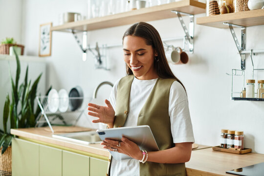 Young woman enjoying a cozy moment at home while using a tablet in her stylish kitchen