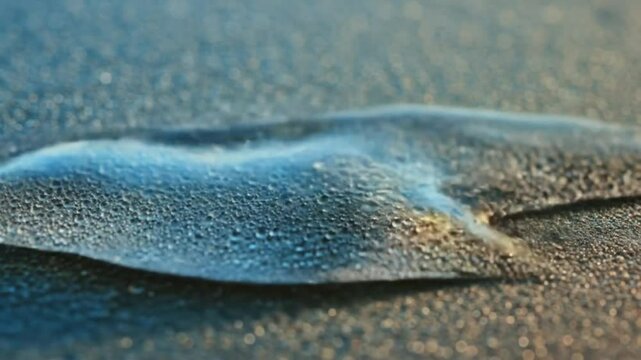 A clear liquid being poured onto a dark textured surface creating a small puddle and stream effect