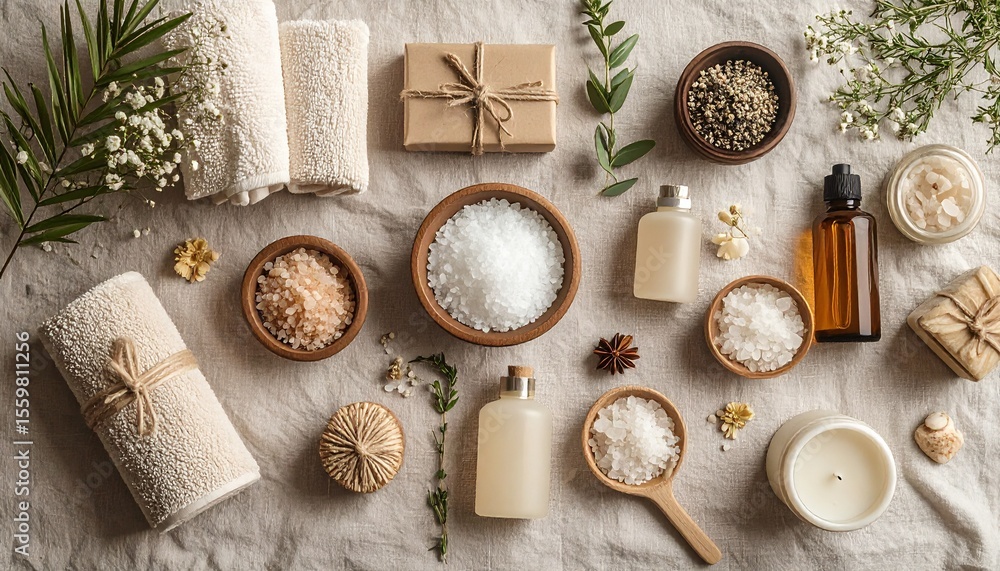 Poster diverse collection of bath products arranged in a dynamic flat lay on linen background