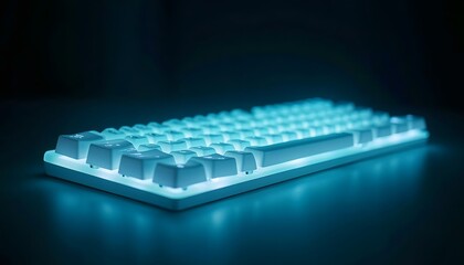 Illuminated White Mechanical Keyboard with Blue Backlighting in Dark Environment