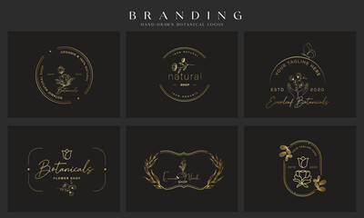 Wedding logos, botanical logo, floral frame for labels, hand drawn elegant, delicate and minimalist monogram collection. Botanical vector design