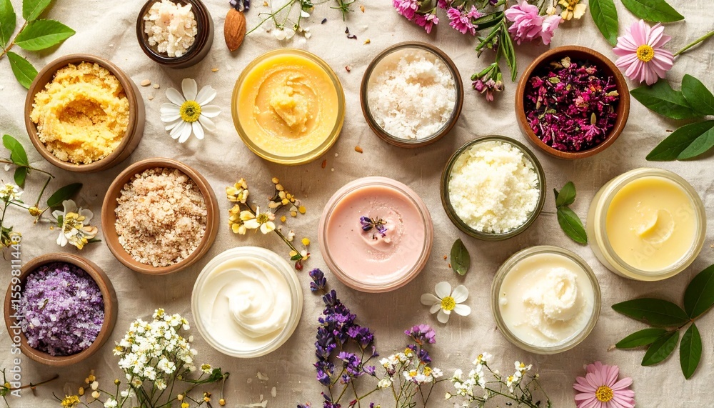Aufkleber assorted range of body butters arranged on a soft linen background in a vibrant flat lay style