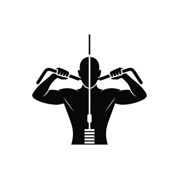 Black and White Minimalist Vector Icon Depicting a Muscular Man Performing a Lat Pulldown Exercise on a Cable Machine Simple Silhouette Illustration of Fitness Strength Training Workout Gym
