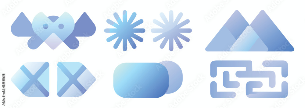 Poster vector art of a set of abstract blue gradient shapes and icons isolated on white background.