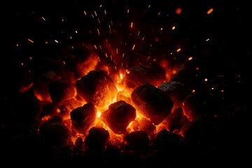 Glowing embers with fiery sparks rising against a dark background heat fire