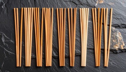 Dynamic flat lay of bamboo chopsticks on slate background with warm hues and natural brightness