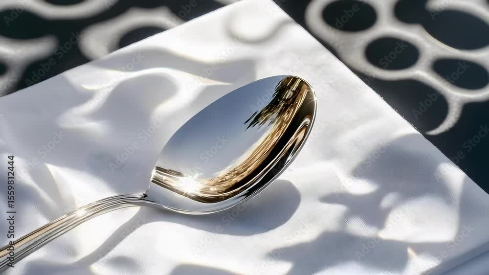 Poster a shiny spoon resting on a white napkin, reflecting light and surrounding patterns.