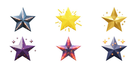 Celestial Embellishments: An ensemble of six dazzling, multi-hued stars, radiating brilliance. Representing themes like achievement, ranking, quality, and celestial wonders.